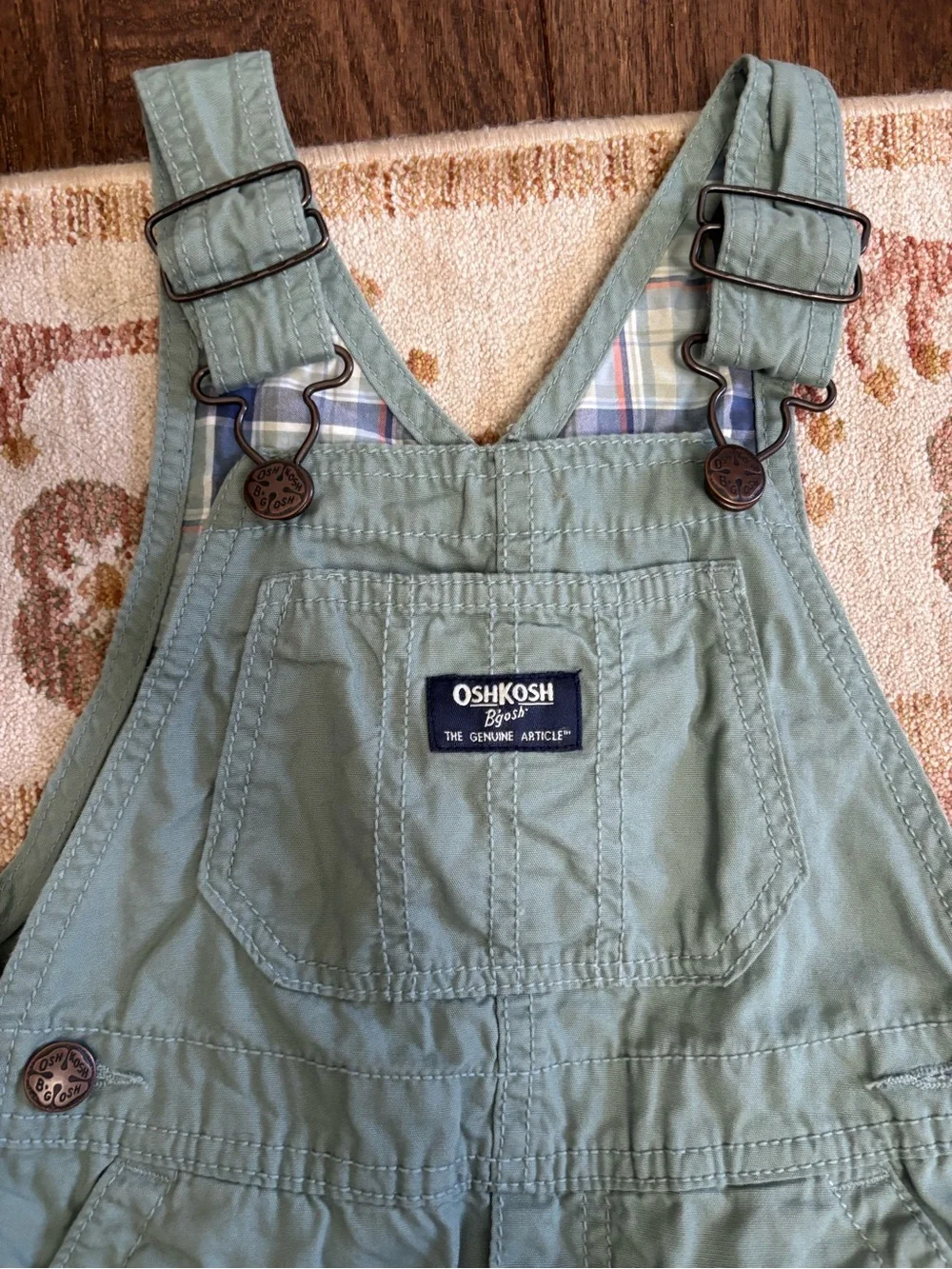 OshKosh B'gosh Sage Green Kids Overalls with Plaid Lining